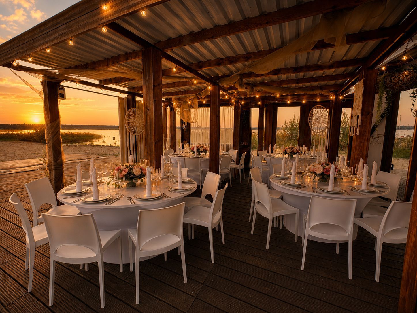 Bankett-Setup mit weißen runden Tischen und Stühlen auf dem überdeckten Holzdeck des BERNSTEIN BEACH bei Sonnenuntergang