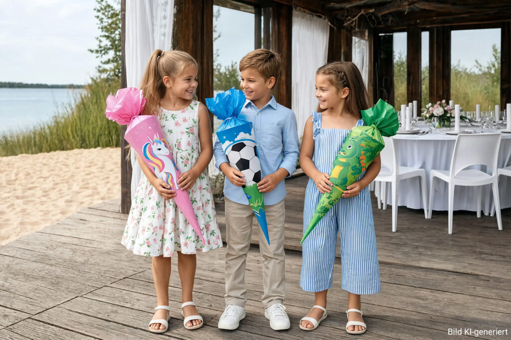 3 Kinder mit Zuckertüten stehen im BERNSTEIN BEACH auf dem Holzdeck, im Hintergrund festliche Sitzgruppe, Strand und Seeufer