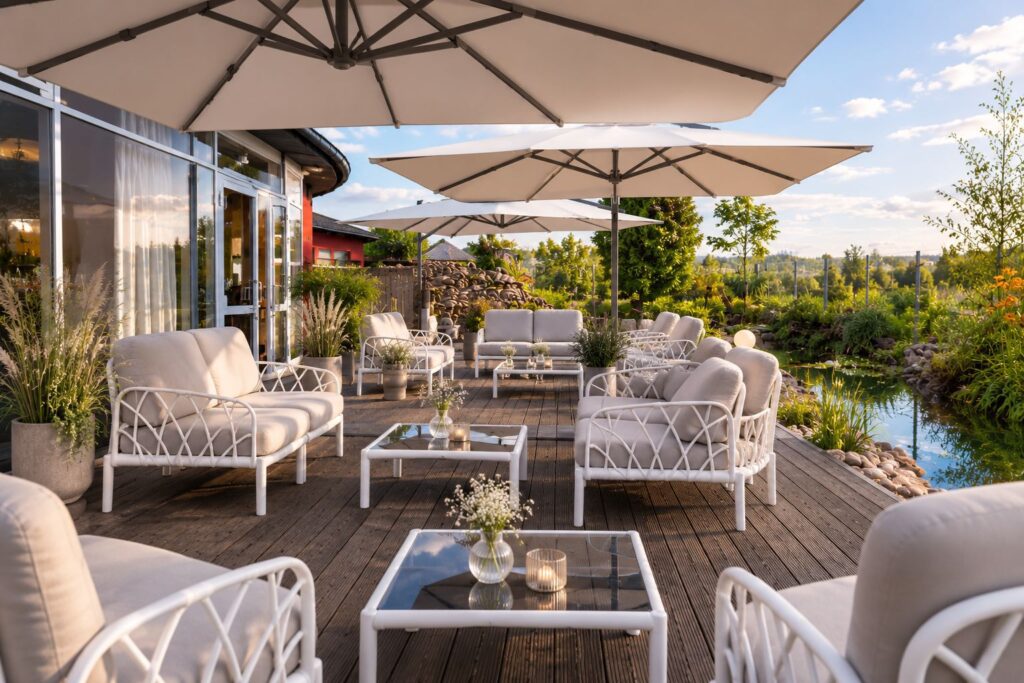 Terrasse des BERNSTEIN mit weißen Loungemöbeln und aufgspannten Schirmen bei Sonnenuntergang